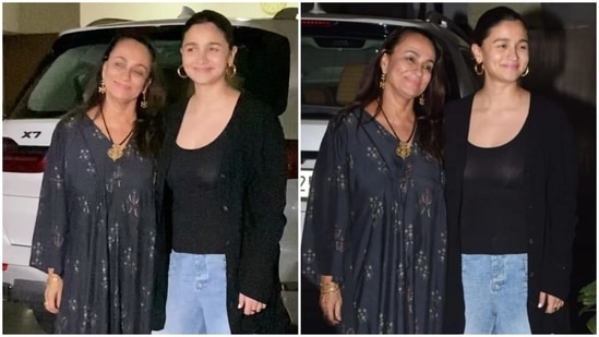 Alia Bhatt glows and smiles brightly while posing with Soni Razdan at Shaheen Bhatt's birthday. 