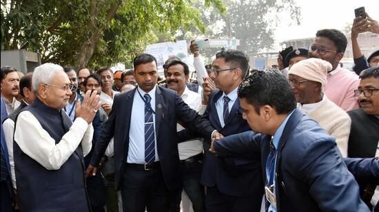 Bihar CM Nitish Kumar in Nalanda on Tuesday. (Santosh Kumar)