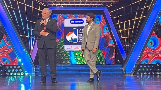 Israel ambassador to India Naor Gilon with Union minister Anurag Thakur at IFFI 2022. Israel ambassador to India Naor Gilon with Union minister Anurag Thakur at IFFI 2022.