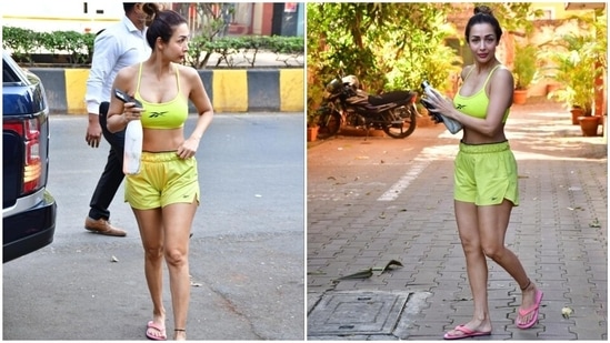 Today, Malaika Arora visited her yoga studio in Mumbai. The paparazzi clicked her outside the gym and shared the snippets online. The pictures show Malaika serving neon magic in a stylish outfit and flaunting her makeup-free bare face. Keep scrolling to see her photos.(HT Photo/Varinder Chawla)