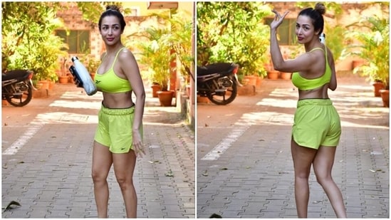 Malaika rocked a makeup-free bare face for the outing with just a hint of glossy nude lip shade. Lastly, she tied her tresses in a pulled-back messy top bun for the finishing touch.(HT Photo/Varinder Chawla)