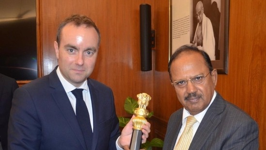 NSA Ajit Doval with French defence minister Sebastien Lecornu. NSA Ajit Doval with French defence minister Sebastien Lecornu.