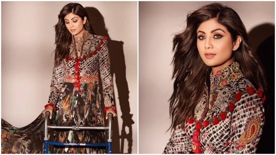 Shilpa Shetty earlier dropped-jaws in a traditional printed embroidered gown. Even with a leg injury, the actor managed to nail her look.(Instagram/@theshilpashetty)