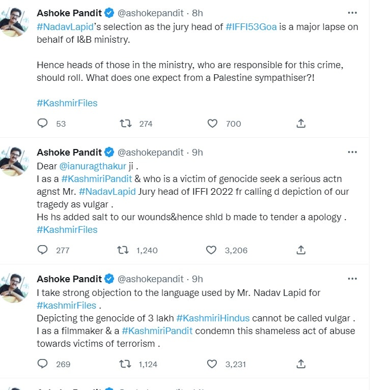 Ashoke Pandit's tweets on Nadav Lapid.