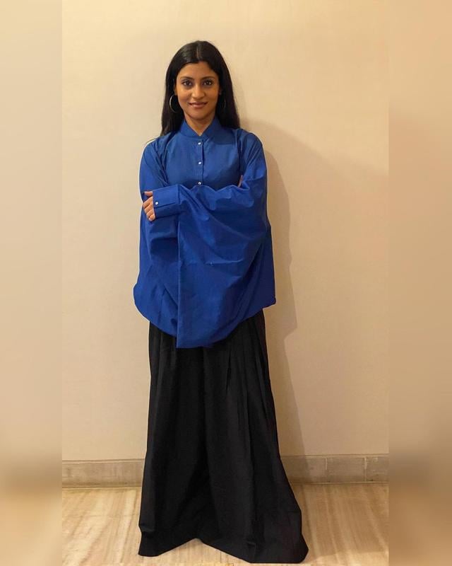 Konkona Sen Sharma in Deconstructed Cobalt Bomber Shirt and Hakama Trouser from Rishta by Arjun Saluja. (Photo: Instagram/Rishta by Arjun Saluja)