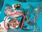 The coins, worth <span class='webrupee'>₹</span>462, weighed 1.5 kilograms in total. (HT Photo) The coins, worth <span class='webrupee'>₹</span>462, weighed 1.5 kilograms in total. (HT Photo)
