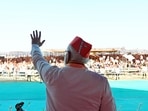 Gujarat Assembly election 2022: Prime Minister Narendra Modi waves to the people during a public meeting in Kutch (Twitter/BJP Gujarat via ANI) Gujarat Assembly election 2022: Prime Minister Narendra Modi waves to the people during a public meeting in Kutch (Twitter/BJP Gujarat via ANI)