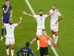 Tunisia's players reacts as Referee Matthew Conger, of New Zealand, signals the use of VAR during the World Cup group D match(AP) Tunisia's players reacts as Referee Matthew Conger, of New Zealand, signals the use of VAR during the World Cup group D match(AP)