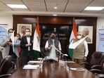 Union civil aviation minister Jyotiraditya M Scindia, along with MoS civil aviation General (Dr) V. K. Singh(Retd.) at the inaugural ceremony.(PIB) Union civil aviation minister Jyotiraditya M Scindia, along with MoS civil aviation General (Dr) V. K. Singh(Retd.) at the inaugural ceremony.(PIB)