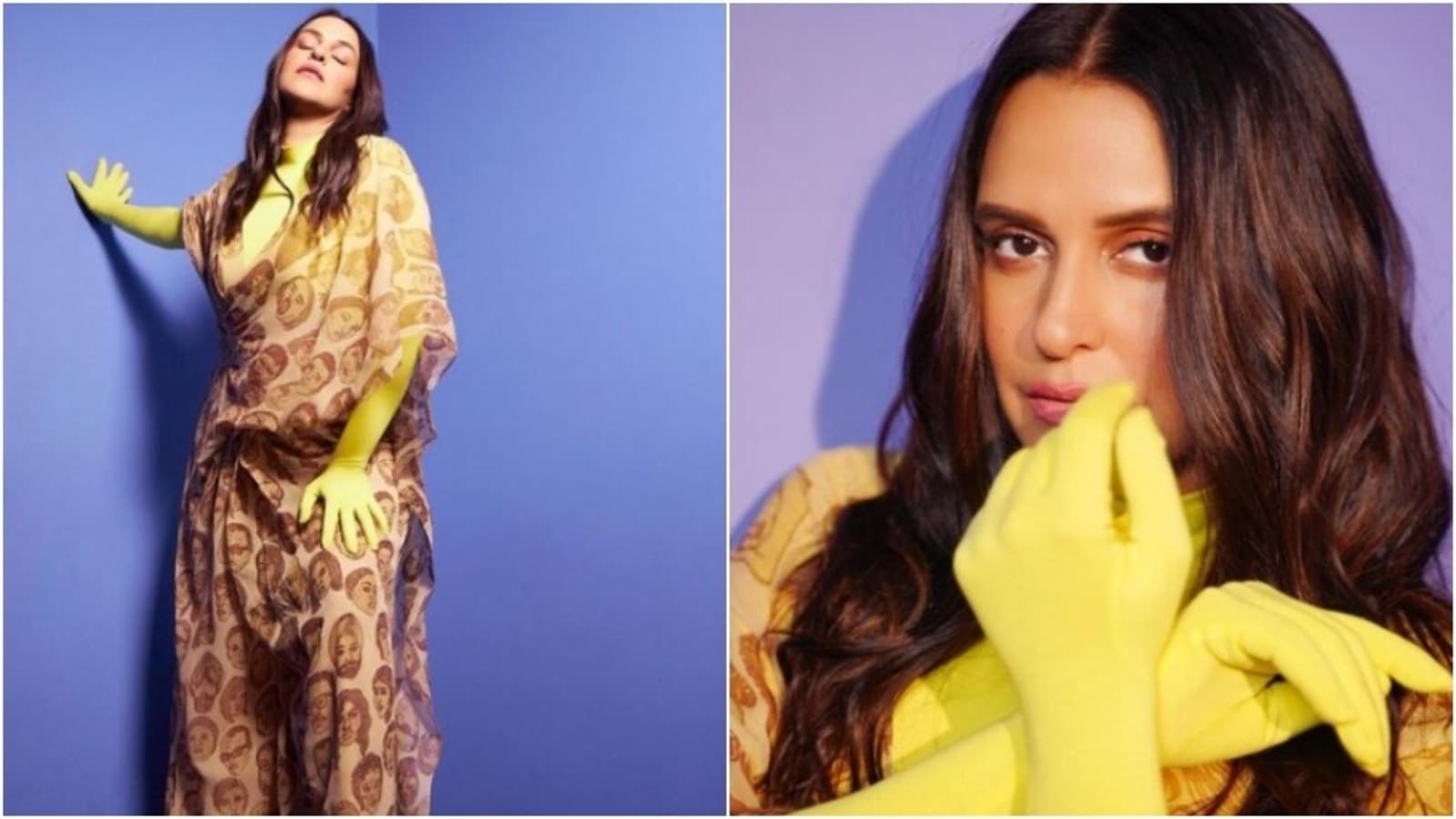 Neha Dhupia’s jumpsuit has faces on it. Literally