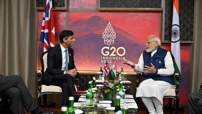 British Prime Minister Rishi Sunak and India's Prime Minister Narendra Modi hold a bilateral meeting on November 16, 2022 in Nusa Dua, Indonesia. (REUTERS) British Prime Minister Rishi Sunak and India's Prime Minister Narendra Modi hold a bilateral meeting on November 16, 2022 in Nusa Dua, Indonesia. (REUTERS)
