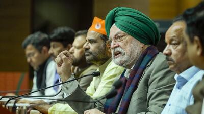 Union minister Hardeep Singh Puri addressing a press conference. (PTI)