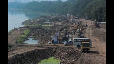 Work being carried at Bund Garden river front for river front project. (HT Photo)