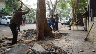 Civic teams destroy encroachments, a key concern in most affluent areas, in Vasant Vihar. (Amal KS/HT Photo) Civic teams destroy encroachments, a key concern in most affluent areas, in Vasant Vihar. (Amal KS/HT Photo)