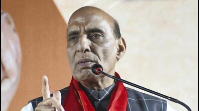 Vadodara: Union Defence Minister and senior BJP leader Rajnath Singh addresses a public meeting ahead of Gujarat Assembly elections, in Vadodara, Wednesday, Nov. 30, 2022. (PTI Photo) (PTI11_30_2022_000344B) (PTI)