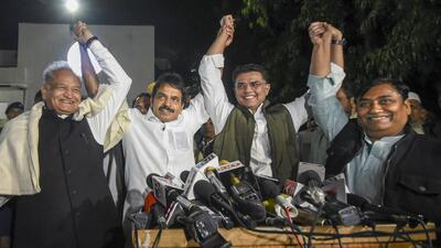 (From left) Rajasthan chief minister Ashok Gehlot, Congress general secretary KC Venugopal, state party leader Sachin Pilot and Rajasthan Congress president Govind Singh Dotasra in Jaipur on Tuesday. (PTI Photo) (From left) Rajasthan chief minister Ashok Gehlot, Congress general secretary KC Venugopal, state party leader Sachin Pilot and Rajasthan Congress president Govind Singh Dotasra in Jaipur on Tuesday. (PTI Photo)