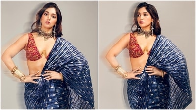 Bhumi Pednekar stuns in jaw-dropping bralette blouse and statement saree for her best friend's wedding. (Instagram) Bhumi Pednekar stuns in jaw-dropping bralette blouse and statement saree for her best friend's wedding. (Instagram)
