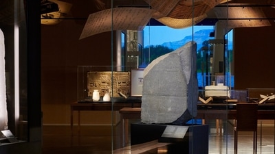 Rosetta Stone: The Rosetta Stone, the centerpiece of a new exhibition at London’s largest museum is seen. (AP) Rosetta Stone: The Rosetta Stone, the centerpiece of a new exhibition at London’s largest museum is seen. (AP)