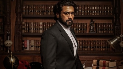 Suriya on the poster for Jai Bhim. Suriya on the poster for Jai Bhim.