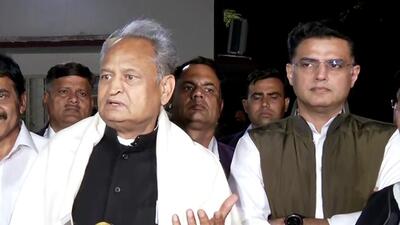 Rajasthan chief minister Ashok Gehlot addresses a joint press conference with Congress leader Sachin Pilot in Jaipur on Tuesday. (ANI) Rajasthan chief minister Ashok Gehlot addresses a joint press conference with Congress leader Sachin Pilot in Jaipur on Tuesday. (ANI)