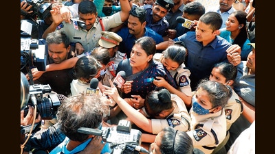 YSR Telangana Party chief YS Sharmila speaks to the media while being detained from Somajiguda. (YS Sharmila Twitter) YSR Telangana Party chief YS Sharmila speaks to the media while being detained from Somajiguda. (YS Sharmila Twitter)