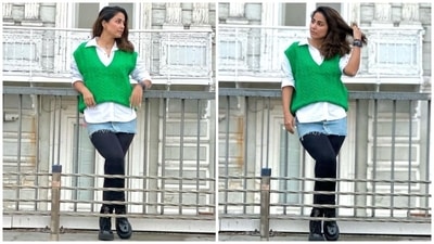 Hina wore a crisp white shirt, a knit green cardigan, a distressed denim skirt, and black tights for her visit to Arnavutköy. She styled the ensemble with a bracelet, a digital watch, combat boots, open tresses, and a no-makeup look. (Instagram) Hina wore a crisp white shirt, a knit green cardigan, a distressed denim skirt, and black tights for her visit to Arnavutköy. She styled the ensemble with a bracelet, a digital watch, combat boots, open tresses, and a no-makeup look. (Instagram)
