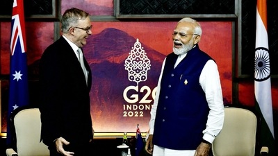 Prime Minister Narendra Modi in a bilateral meeting with the Prime Minister of Australia Anthony Albanese at G20 summit, in Bali, Indonesia. (ANI/ PIB file) Prime Minister Narendra Modi in a bilateral meeting with the Prime Minister of Australia Anthony Albanese at G20 summit, in Bali, Indonesia. (ANI/ PIB file)