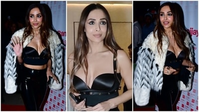 Malaika Arora enjoys a dinner date in black corset top, leather pants and jacket. (HT Photo/Varinder Chawla) Malaika Arora enjoys a dinner date in black corset top, leather pants and jacket. (HT Photo/Varinder Chawla)