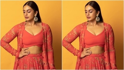 Huma picked an orange floral lehenga and added a long satin shrug with the same print to it. “Festive vibes only,” wrote the actor. (Instagram/@iamhumaq)