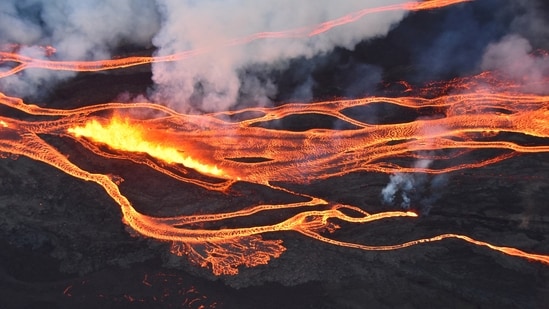 An aerial view of Mauna Loa's eruption captured during an overflight of the Northeast Rift Zone on November 28, 2022. The world's largest active volcano, located in Hawaii, burst into life for the first time in 40 years, spewing lava and hot ash in a spectacular display of nature's fury.(USGS/Civil Air Patrol/ REUTERS)