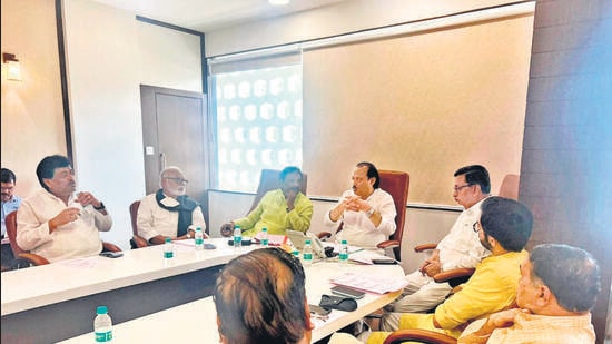 Mumbai, India - November 30, 2022: Mahavikas Aghadi leaders at a meeting before the Winter Session of the Maharashtra Legislature Assembly starting from December 19 in Nagpur, in the office of the Leader of Opposition Ajit Pawar, at Vidhan Bhavan, Nariman Point, in Mumbai, India, on Wednesday, November 30, 2022. (Photo by Bhushan Koyande/HT Photo) (HT PHOTO)