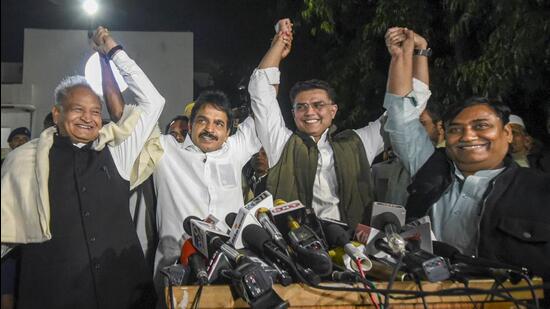 (From left) Rajasthan chief minister Ashok Gehlot, Congress general secretary KC Venugopal, state party leader Sachin Pilot and Rajasthan Congress president Govind Singh Dotasra in Jaipur on Tuesday. (PTI Photo) (From left) Rajasthan chief minister Ashok Gehlot, Congress general secretary KC Venugopal, state party leader Sachin Pilot and Rajasthan Congress president Govind Singh Dotasra in Jaipur on Tuesday. (PTI Photo)