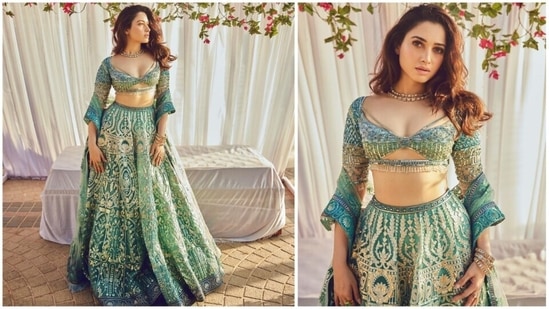 Tamannaah Bhatia has become synonymous with fashion for all her Page 3 looks. From trendy western fits to traditional attire, the Entertainment actor can pull off any look effortlessly like the queen she already is. Her latest Instagram photos in an embellished aqua blue lehenga by Falguni Shane Peacock are worth making headlines.(Instagram/@tamannaahspeaks)