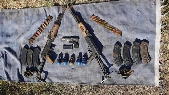 Arms and ammunition recovered in Nabana, Surankote area of Poonch district in a joint search operation of Romeo force and Jammu and Kashmir.(ANI)