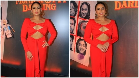Huma Qureshi wears a sultry red cut-out dress to attend Monica, O My Darling success bash. (HT Photo/Varinder Chawla)