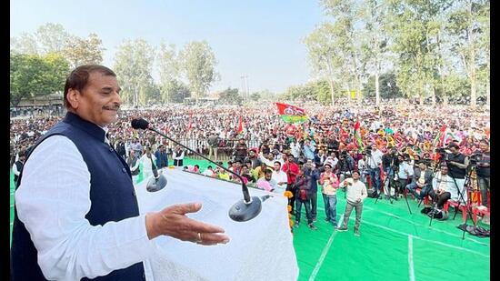 Pragatisheel Samajwadi Party (Lohiya) chief Shivpal Singh Yadav addresses a public meeting for Mainpuri by-elections, in Kushalpur village, in Mainpuri district on Wednesday. (ANI Photo)