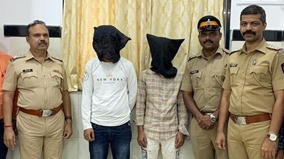 Mumbai Police arrested two accused Mobeen Chand Mohammad Shaikh and Mohammad Naqeeb Sadrealam Ansari for allegedly molesting a Korean woman YouTuber during a live streaming, in Mumbai on Thursday. (ANI Photo) (ANI) Mumbai Police arrested two accused Mobeen Chand Mohammad Shaikh and Mohammad Naqeeb Sadrealam Ansari for allegedly molesting a Korean woman YouTuber during a live streaming, in Mumbai on Thursday. (ANI Photo) (ANI)