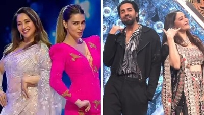 Kriti Sanon and Ayushmann Khurrana grooved with Madhuri Dixit on the sets of Jhalak Dikhhla Jaa. Kriti Sanon and Ayushmann Khurrana grooved with Madhuri Dixit on the sets of Jhalak Dikhhla Jaa.