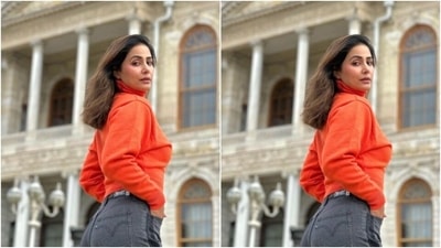 Hina matched the vibes of her trip in a bright orange sweater featuring turtle neck details and full sleeves. “When work is travel, fun is guaranteed,” Hina captioned her pictures. (Instagram/@realhinakhan) Hina matched the vibes of her trip in a bright orange sweater featuring turtle neck details and full sleeves. “When work is travel, fun is guaranteed,” Hina captioned her pictures. (Instagram/@realhinakhan)