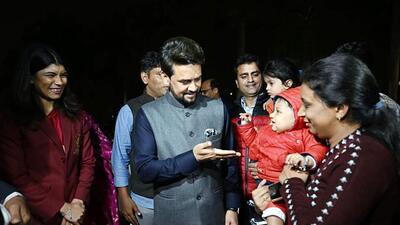 Union minister Anurag Thakur meets family members of Arjuna Awardees, in New Delhi on Wednesday. (ANI) Union minister Anurag Thakur meets family members of Arjuna Awardees, in New Delhi on Wednesday. (ANI)