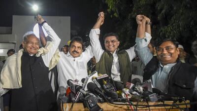 Congress leaders KC Venugopal, Ashok Gehlot, and Sachin Pilot. (PTI)