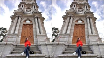 Hina teamed her bright orange sweater with a pair of black denims with wide legs. (Instagram/@realhinakhan) Hina teamed her bright orange sweater with a pair of black denims with wide legs. (Instagram/@realhinakhan)