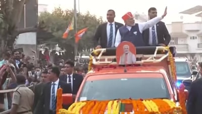 Prime Minister Narendra Modi holds a three-hour mega roadshow in Ahmedabad. (ANI)