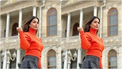 In white sneakers, and multiple golden sleek neck chains, Hina further accessorised her look for the day. (Instagram/@realhinakhan) In white sneakers, and multiple golden sleek neck chains, Hina further accessorised her look for the day. (Instagram/@realhinakhan)