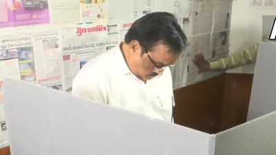 Gujarat BJP chief CR Paatil casts his vote in Surat. (ANI) Gujarat BJP chief CR Paatil casts his vote in Surat. (ANI)