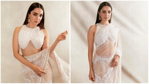 The gorgeous Kiara Advani looks dreamy in a white pearl chikankari saree. (Instagram/@manishmalhotra05) The gorgeous Kiara Advani looks dreamy in a white pearl chikankari saree. (Instagram/@manishmalhotra05)