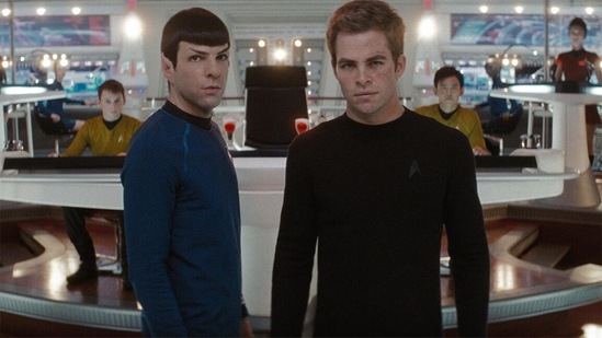 Star Trek (2009): JJ Abrams’s Star Trek reboot explores the multiverse by setting the film in the Kelvin timeline, an alternate universe to the Prime Star Trek one, in order to maintain continuity. Here Spock Prime (Leonard Nimoy) helps the alternate Captain Kirk (Chris Pine) fight the evil Nero (Eric Bana), who created the Kelvin timeline after travelling through a black hole.(Image Courtesy: Spyglass Entertainment, Bad Robot Productions)