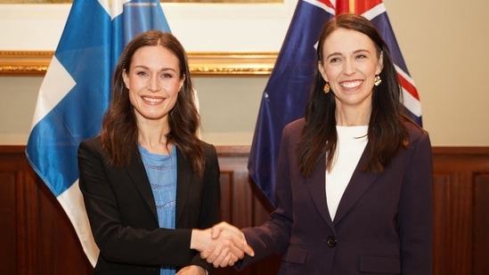 Finland's Prime Minister Sanna Marin (L) shakes hands with New Zealand's Prime Minister Jacinda Ardern during a bilateral meeting in Auckland, New Zealand. Finland's Prime Minister Sanna Marin (L) shakes hands with New Zealand's Prime Minister Jacinda Ardern during a bilateral meeting in Auckland, New Zealand.