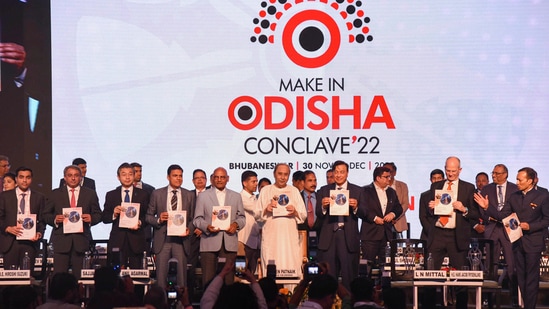  Odisha Chief Minister Naveen Patnaik with industry tycoons at the plenary session of Make in Odisha Conclave 2022, in Bhubaneswar,