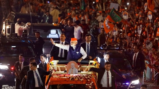 Prime Minister Narendra Modi during an election campaign for the Gujarat Assembly elections, in Ahmedabad(PTI)